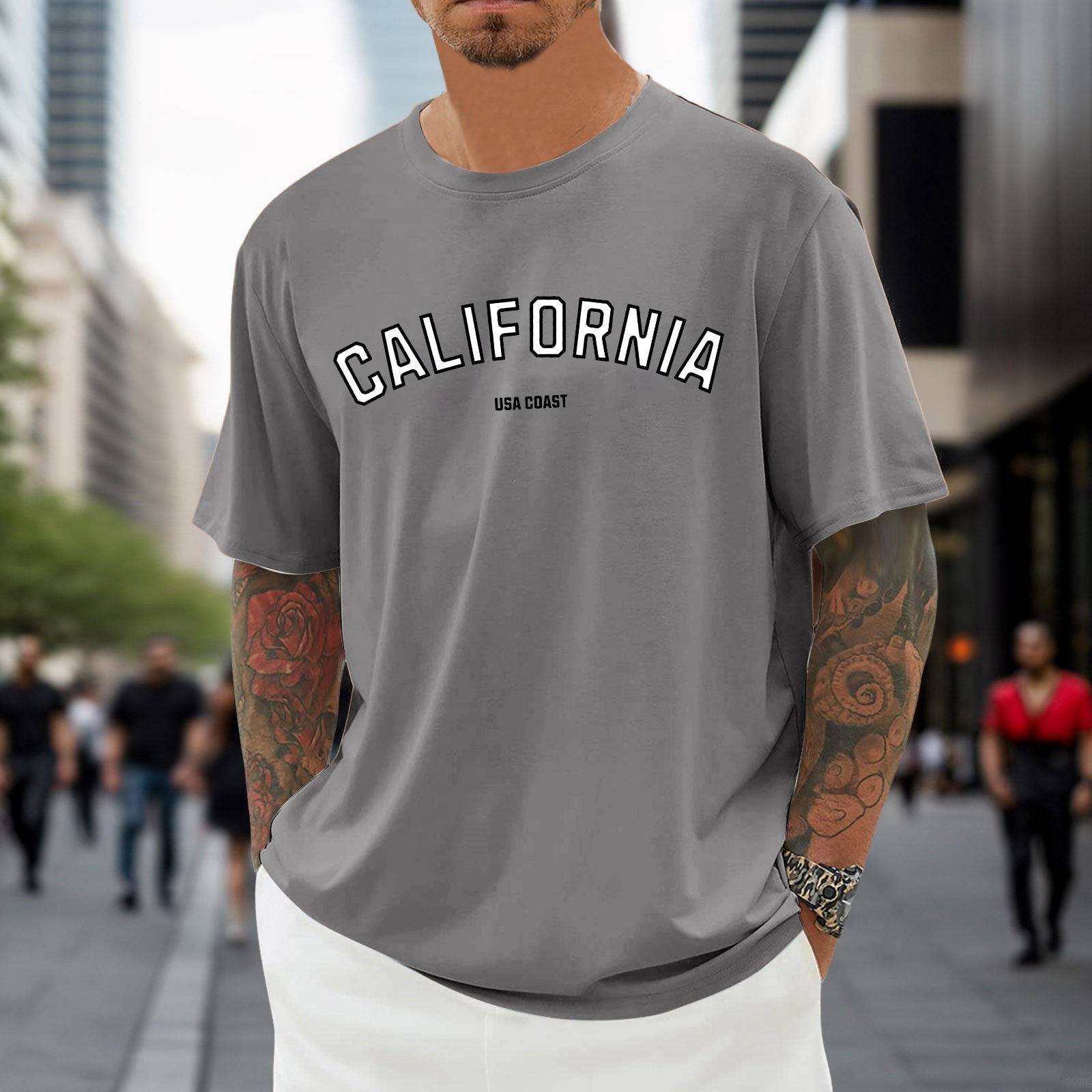thumbnail image 3 of Camiseta oversize de verano para hombre - Cuello redondo y manga corta con estampado urbano - Camiseta deportiva holgada e informal, 3 of 5